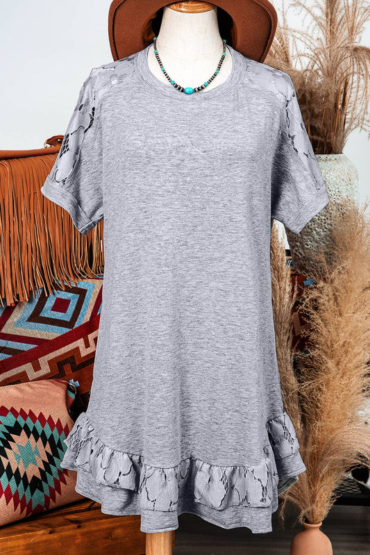 Lace Floral Patchwork Ruffled T-shirt Dress