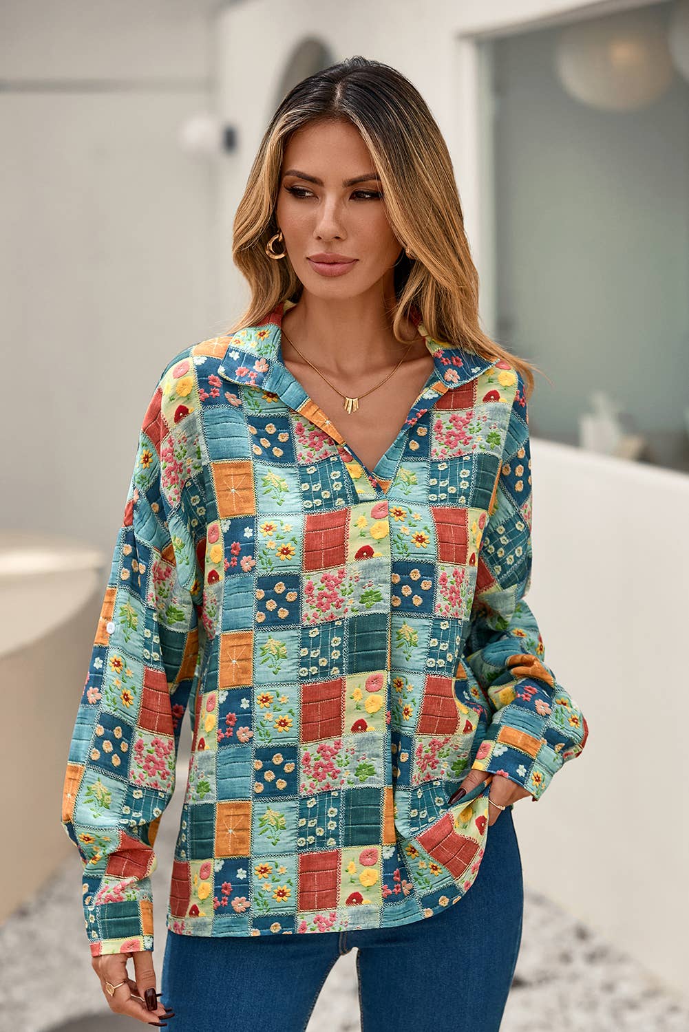 The Bloom and Breeze Blouse - Floral V-Neck Roll Sleeve Top