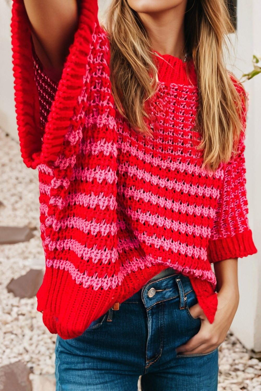 The Coffee Run Striped Sweater - Slouchy 3/4 Sleeve Draped Knit