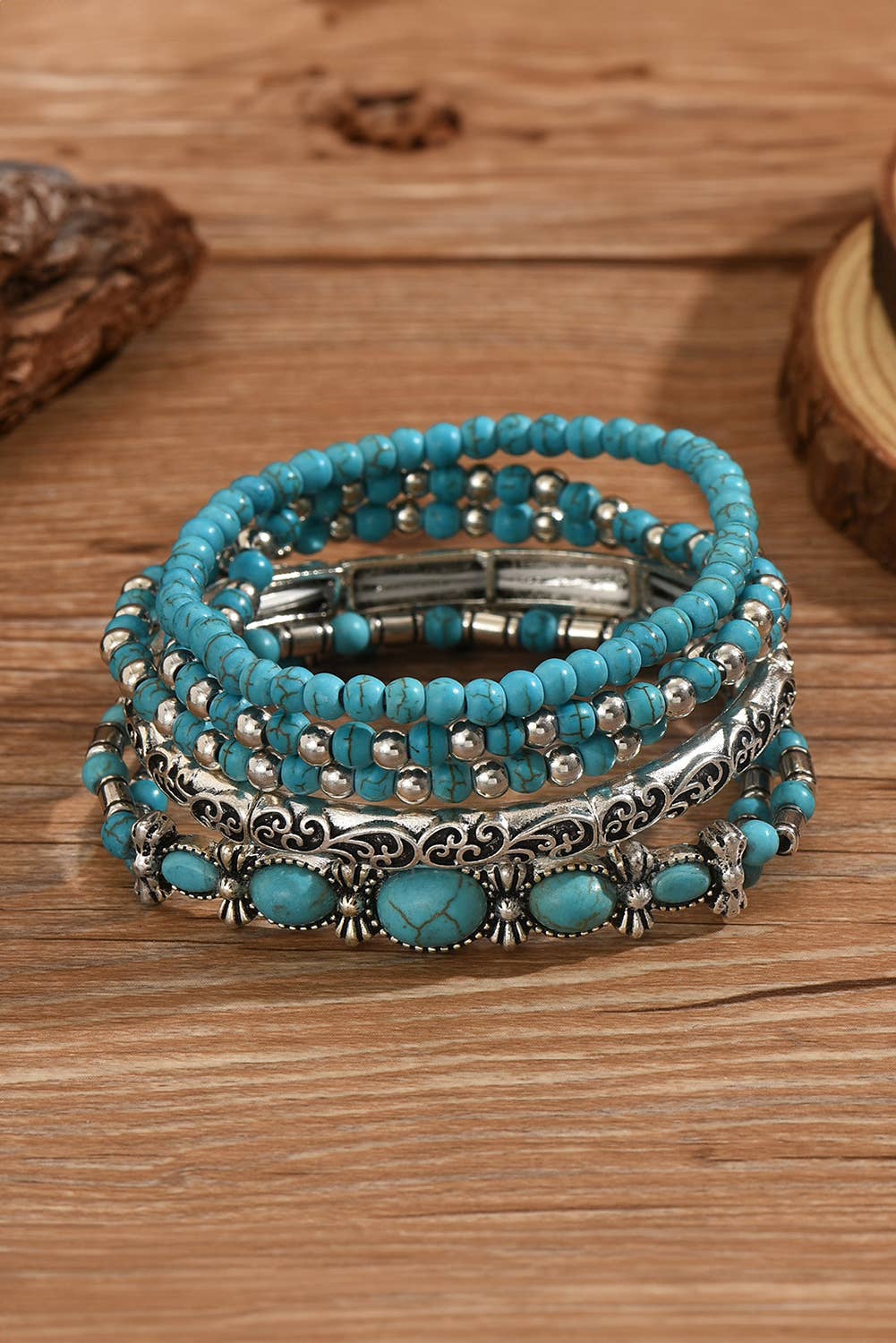 The City Meets West Bracelet Stack – Western Turquoise 5-Piece Layered Bracelet