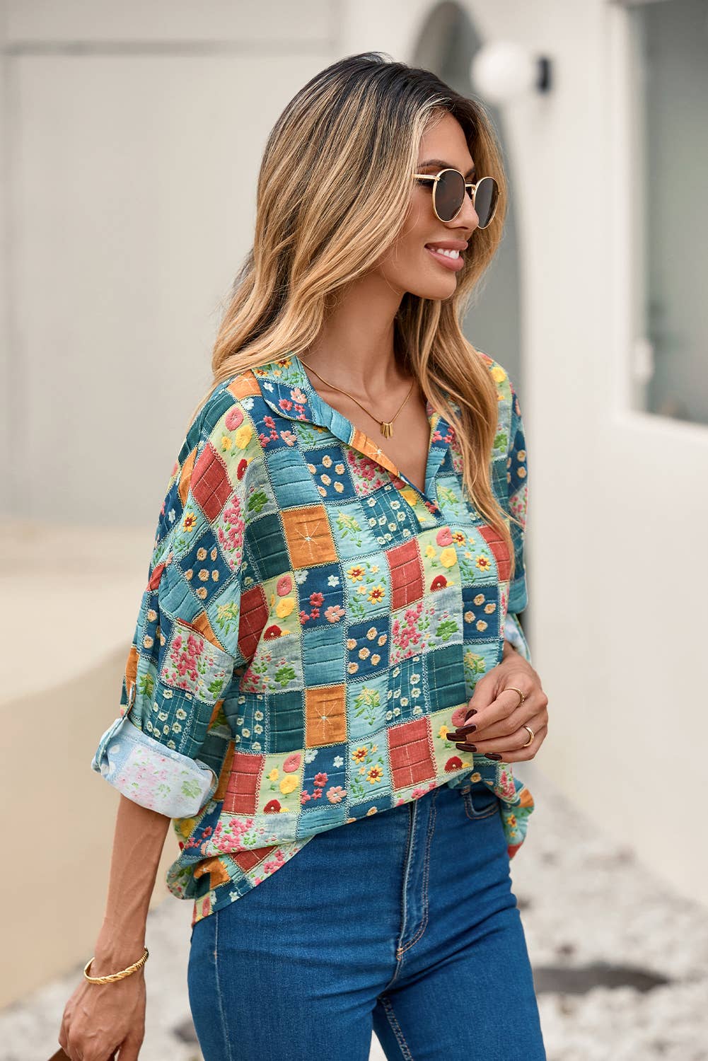The Bloom and Breeze Blouse - Floral V-Neck Roll Sleeve Top