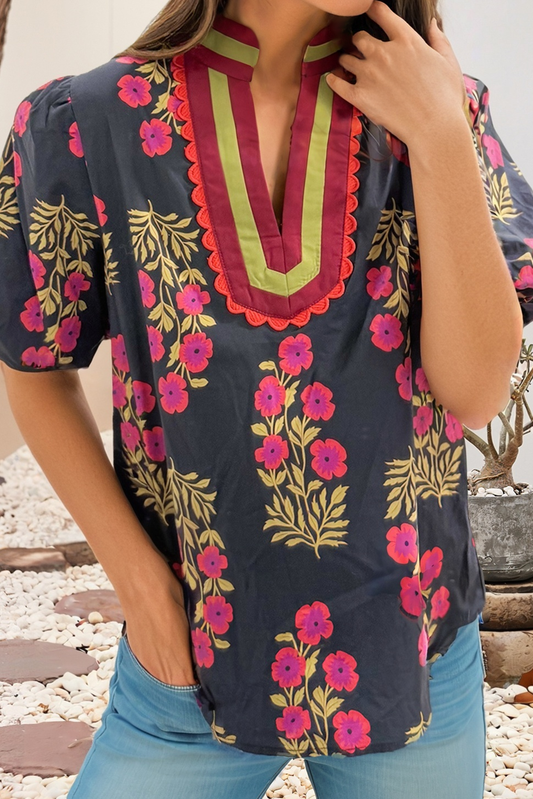 The Brunch Date Blouse – Black or White Floral Bubble Sleeve Contrast Slit Neck Top