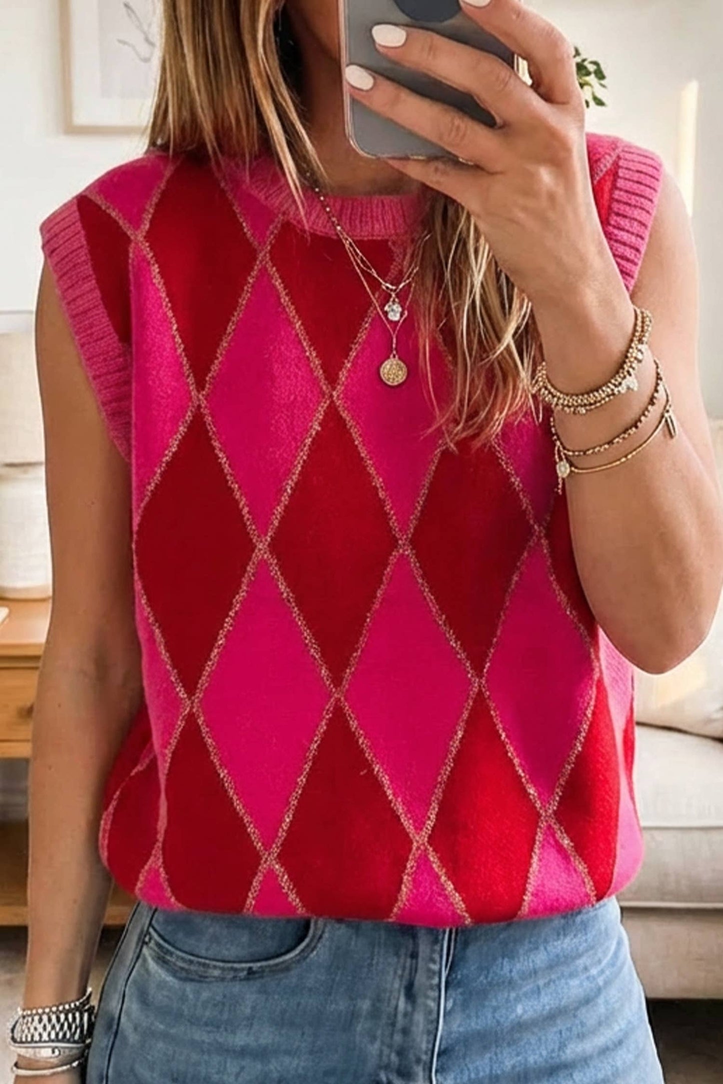The Weekend Wow Vest – Hot Pink & Red Glitter Trim Knit Sweater Vest