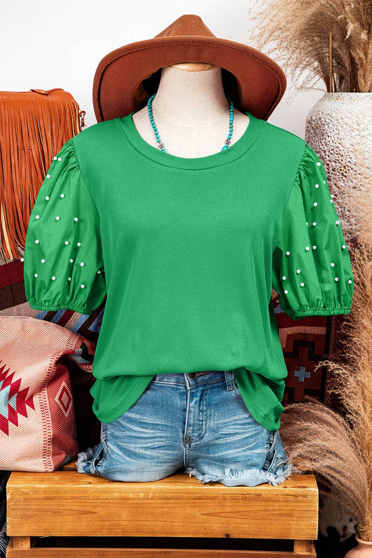 Ribbed Pearl Beaded Puff Sleeve Top