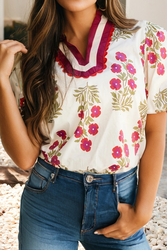 The Brunch Date Blouse – Black or White Floral Bubble Sleeve Contrast Slit Neck Top