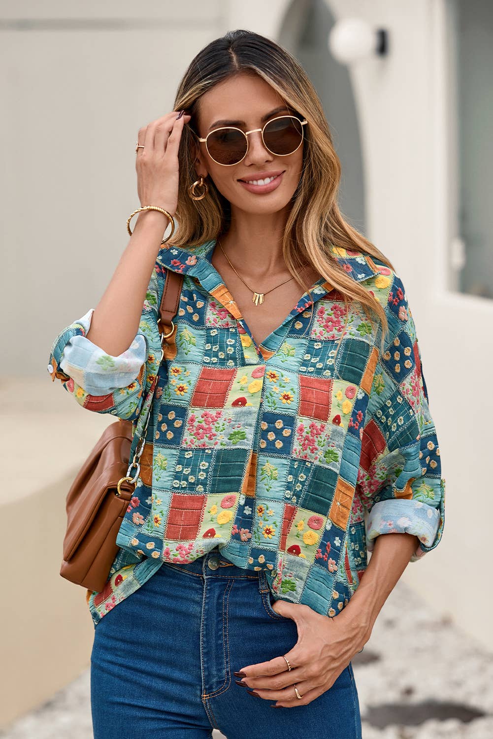 The Bloom and Breeze Blouse - Floral V-Neck Roll Sleeve Top