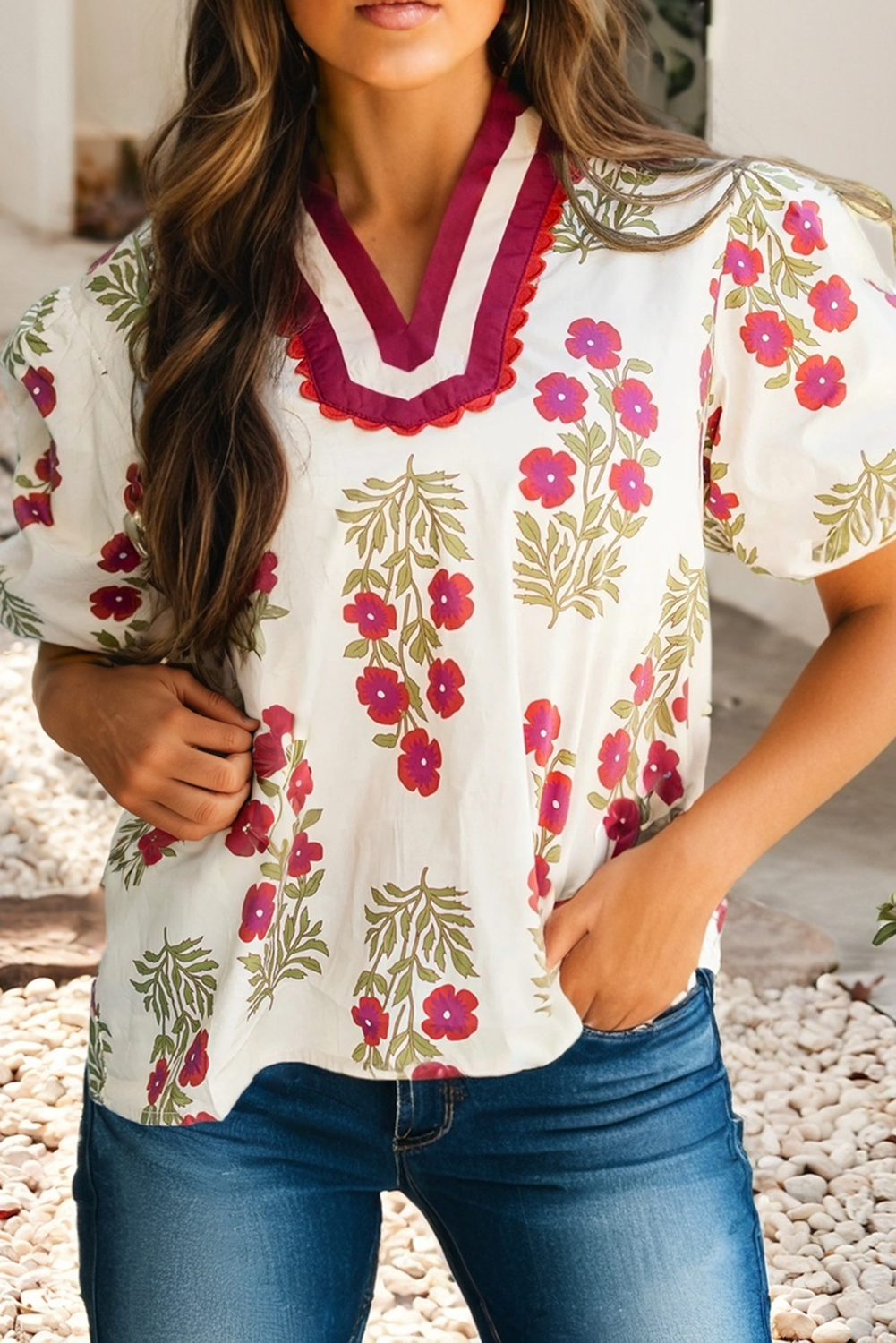 The Brunch Date Blouse – Black or White Floral Bubble Sleeve Contrast Slit Neck Top