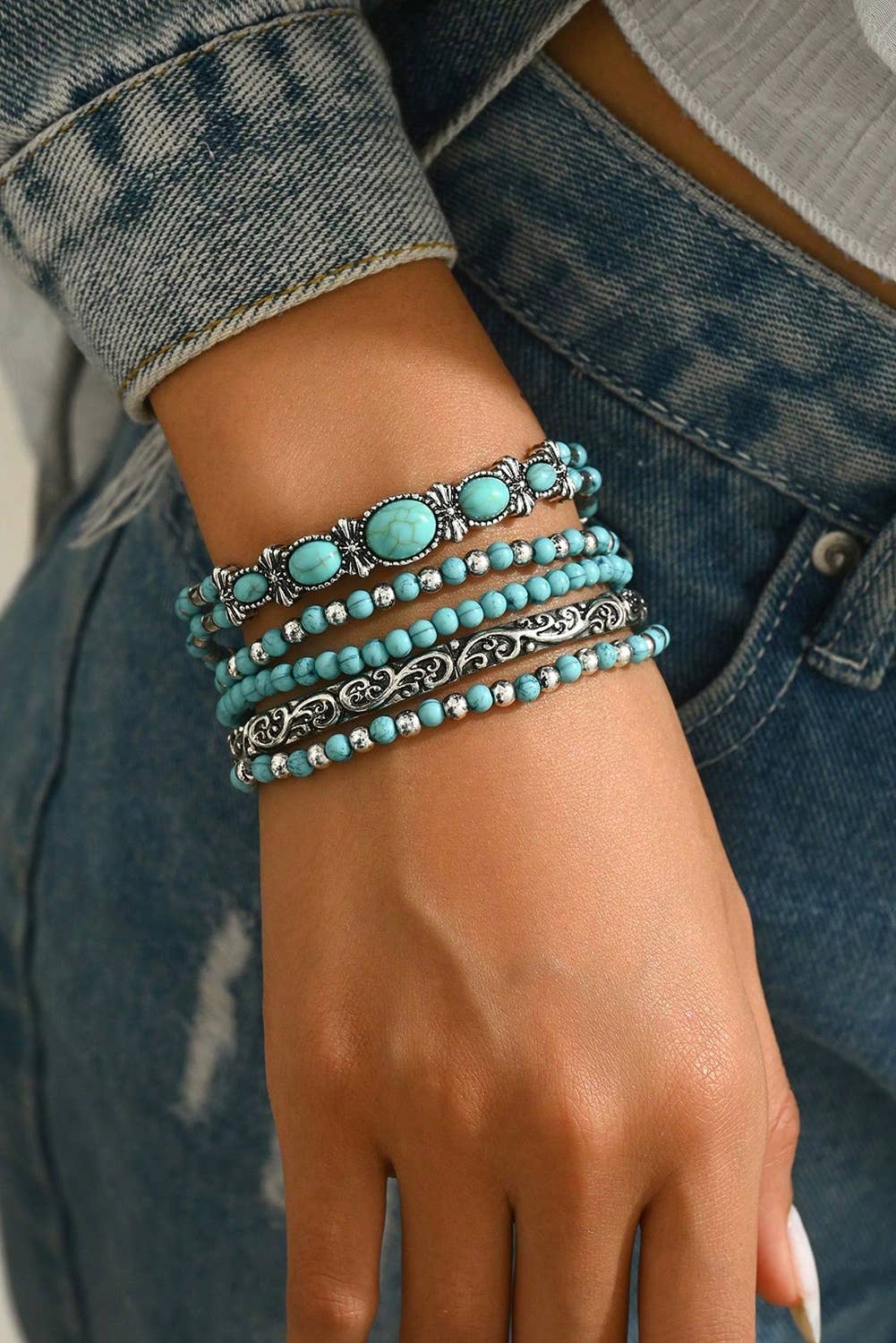 The City Meets West Bracelet Stack – Western Turquoise 5-Piece Layered Bracelet